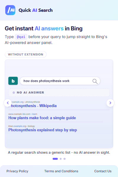 Quick AI Search extension popup with the @qai keyword tip